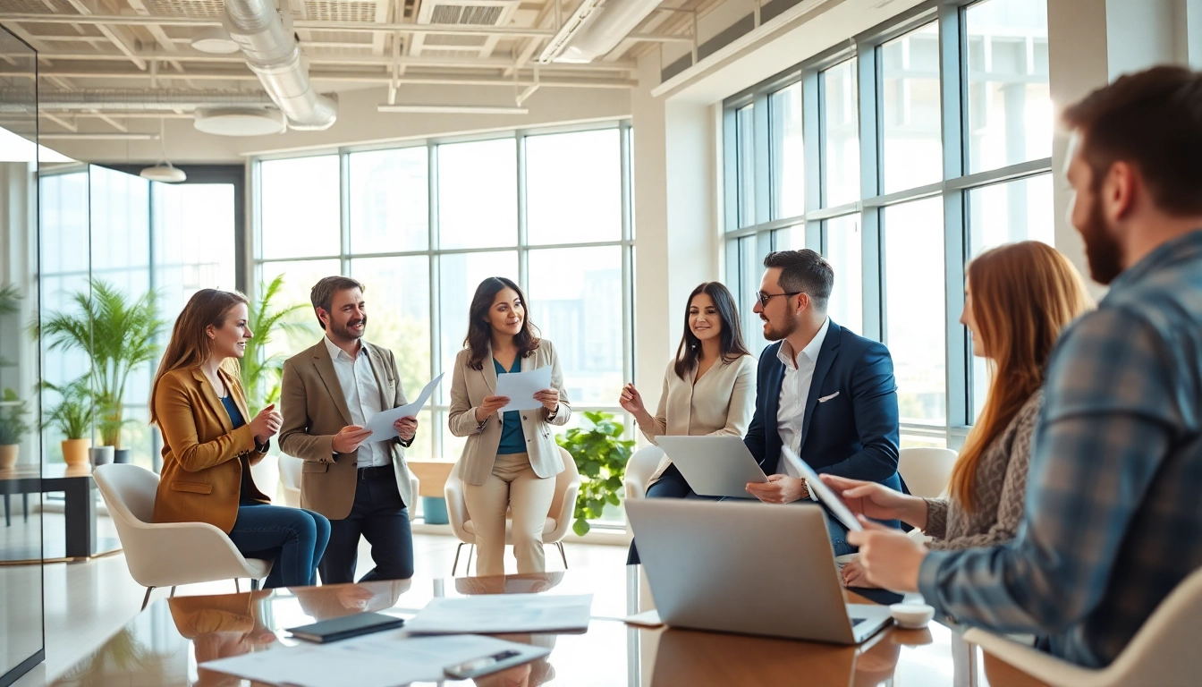 Professionals engaging in Unternehmensberatung discussions in a modern office setting.