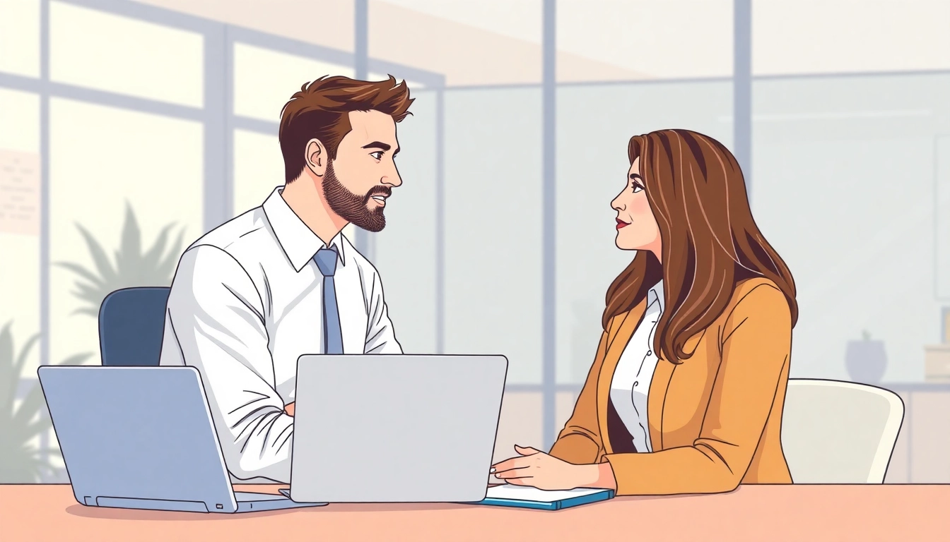 Headhunter engaging with a client in a modern office, demonstrating professional recruitment services.