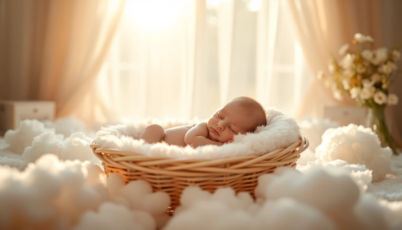 Adorable baby photoshoot capturing a sleeping baby nestled in a cozy basket.