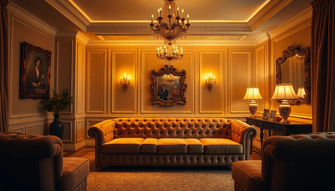 Luxury interior design showcasing a plush velvet sofa and elegant decor for a cozy ambiance.