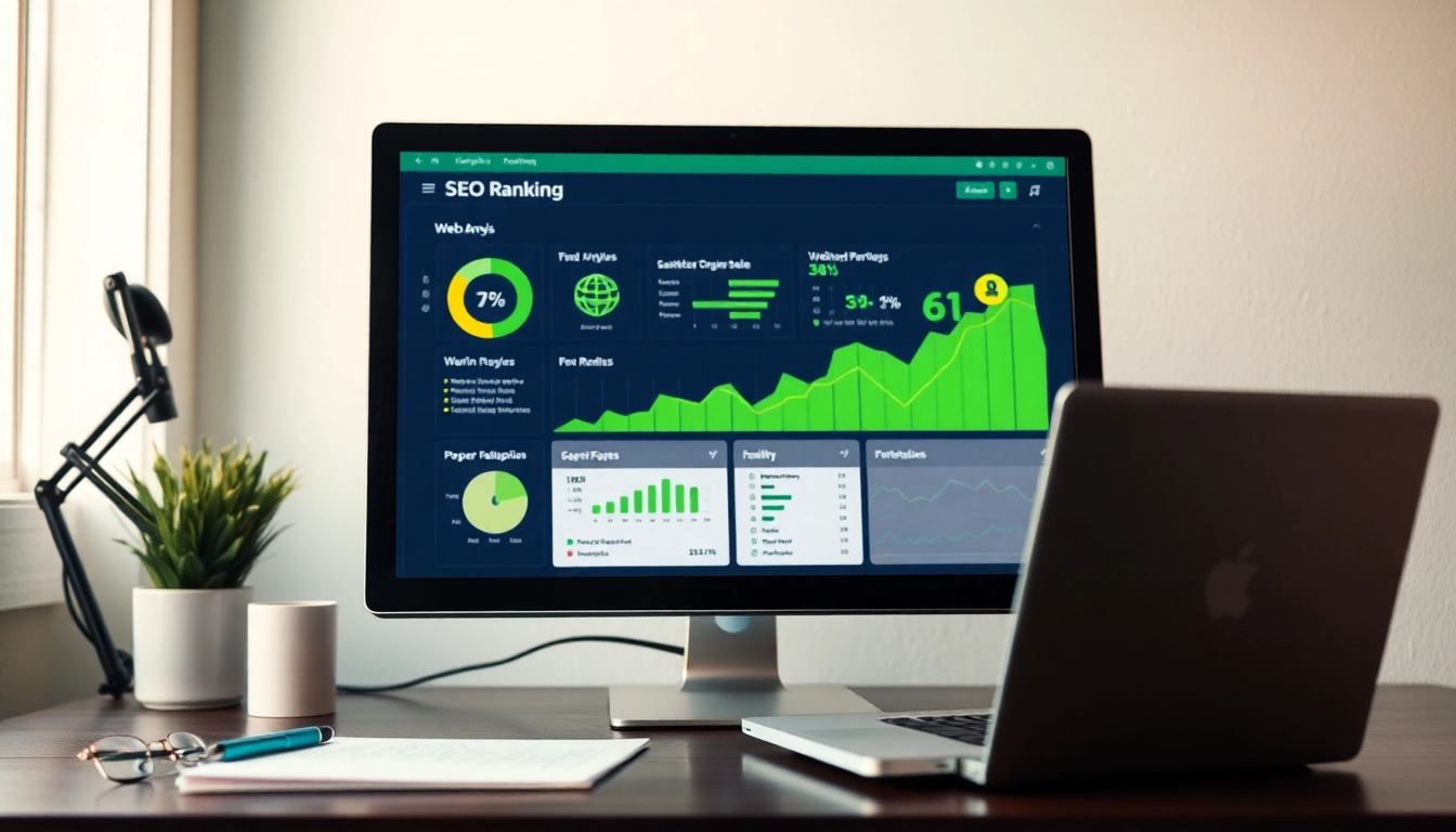 Analyse der SEO-Ranking-Performance auf einem Computerbildschirm mit Grafiken und Statistiken.