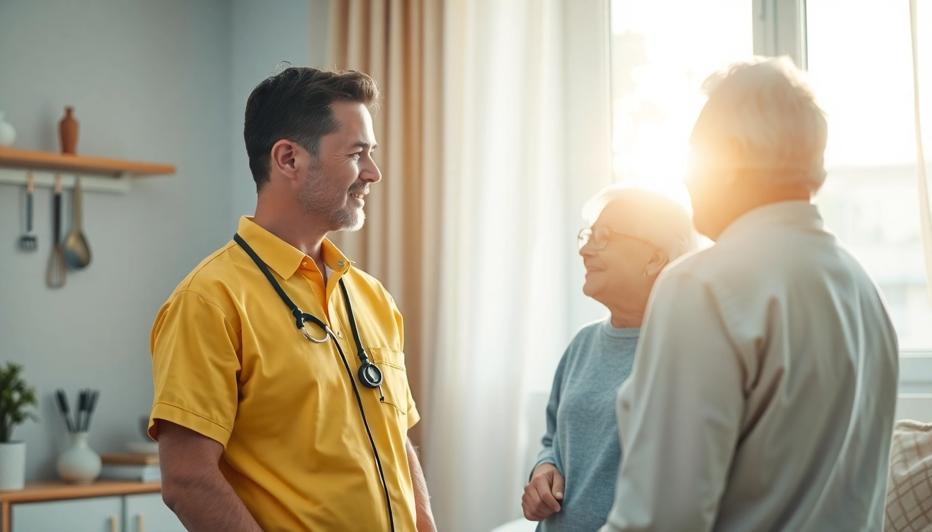 Pflegedienst zeigt Pflegekraft im Gespräch mit einem älteren Patienten in einem heimeligen Umfeld.