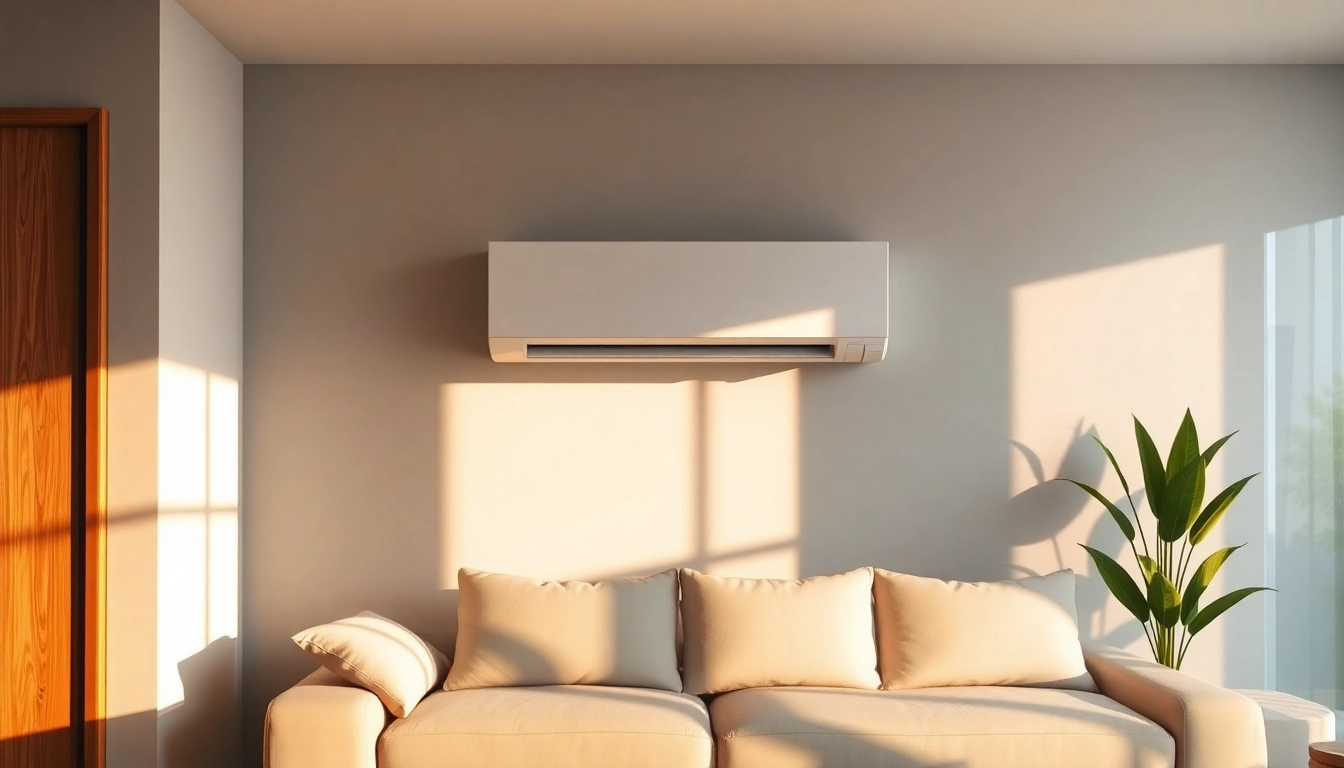 Klimaanlagen kaufen: Elegantes Wohnambiente mit moderner Klimaanlage an der Wand präsentieren.