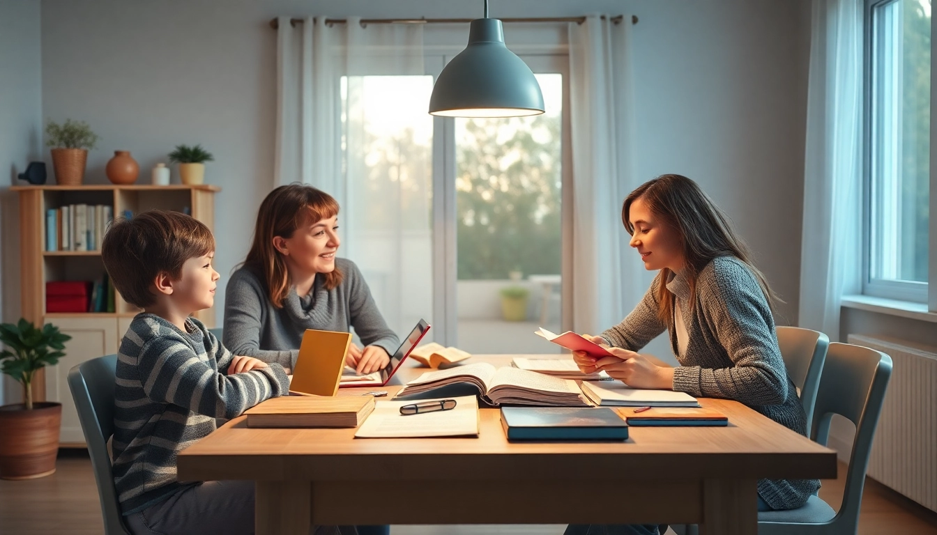 Eltern führen ihre Kinder im Heimunterricht an einem Tisch mit Lernmaterialien und digitalen Geräten an.