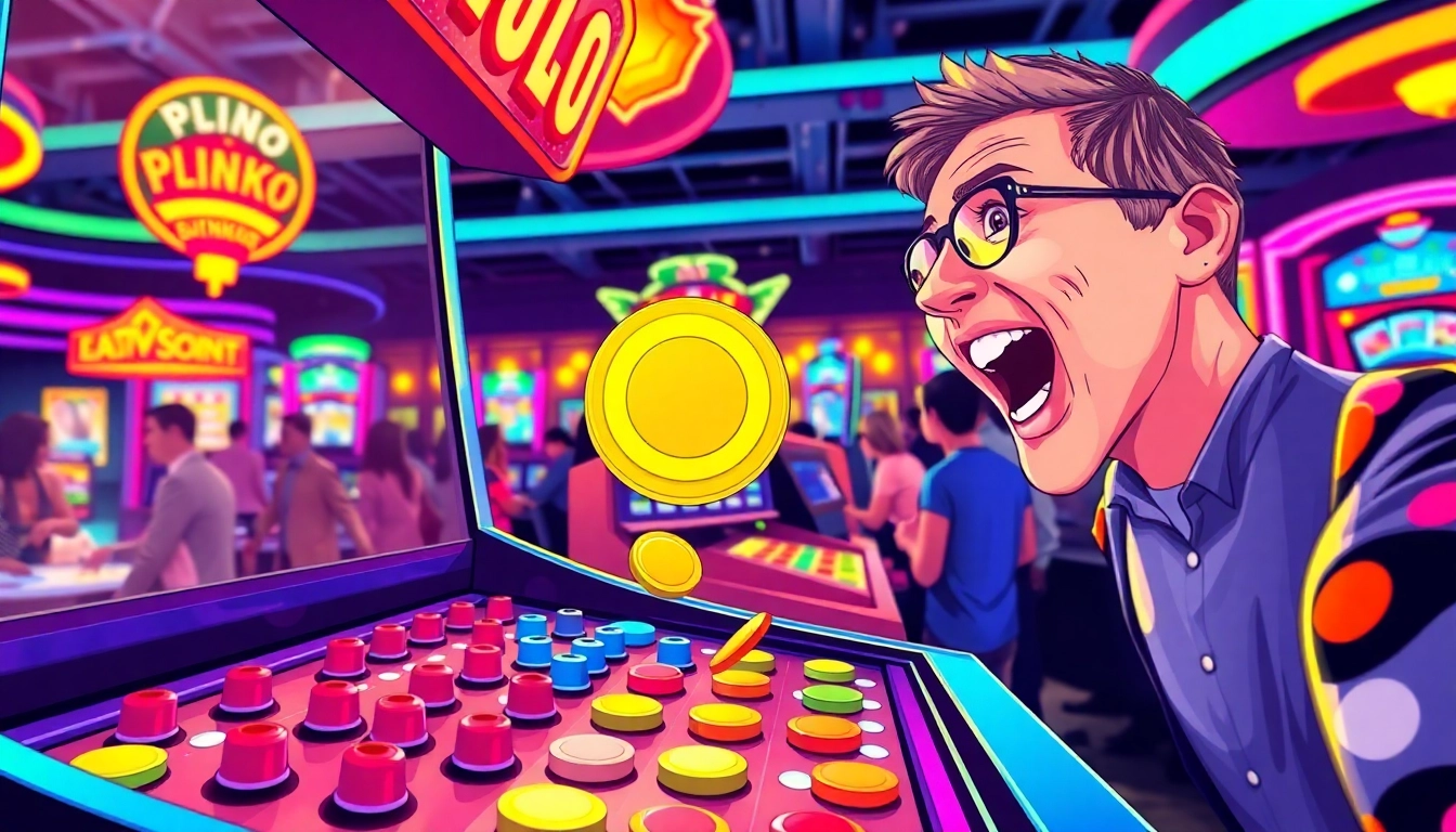 Experience the excitement of the plinko game with vibrant scenes of colorful tokens dropping and players cheering.
