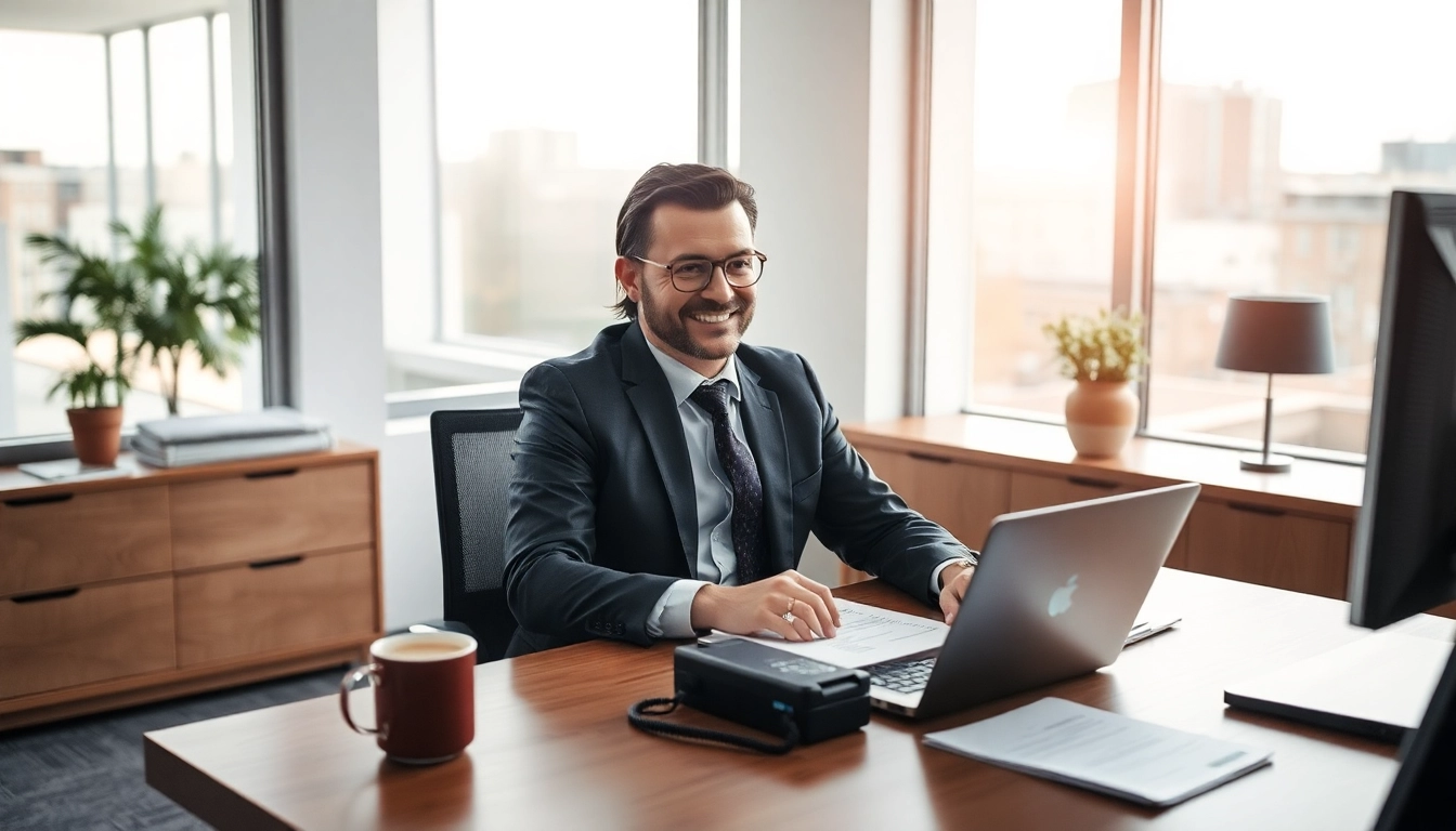 Der Headhunter Hagen arbeitet im modernen Büro und interagiert mit einem Kunden.