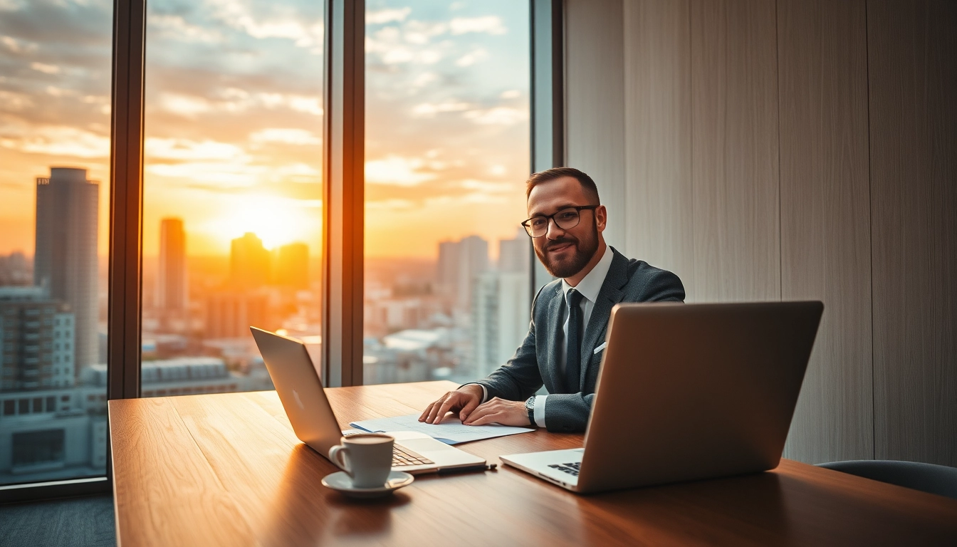 Headhunter CEO inspiriert in modernem Büro - Selbstbewusste Pose, elegante Umgebung.