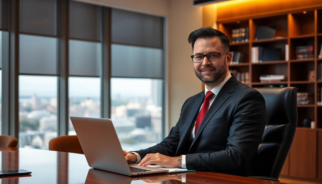 Headhunter Geschäftsführer in elegantem Büro, konzentriert am Laptop.