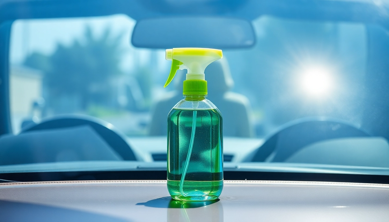 Scheibenreiniger Auto in Glasflasche, umgeben von klaren Fahrzeugscheiben für optimale Sicht.