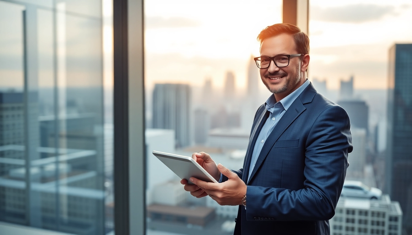 Headhunter IT im professionellen Büro mit Tablet und Stadtansicht