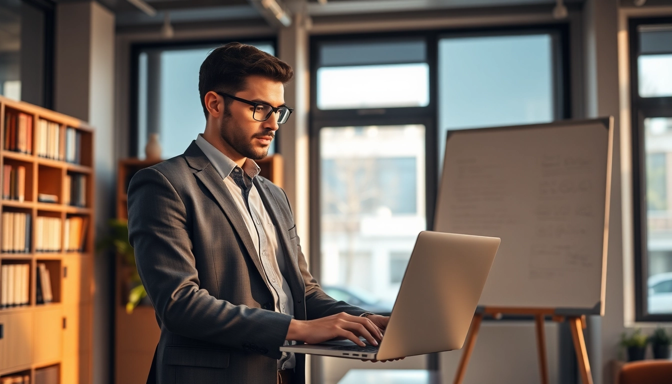 Headhunter IT arbeitet konzentriert im modernen Büro mit Laptop und Notizen.