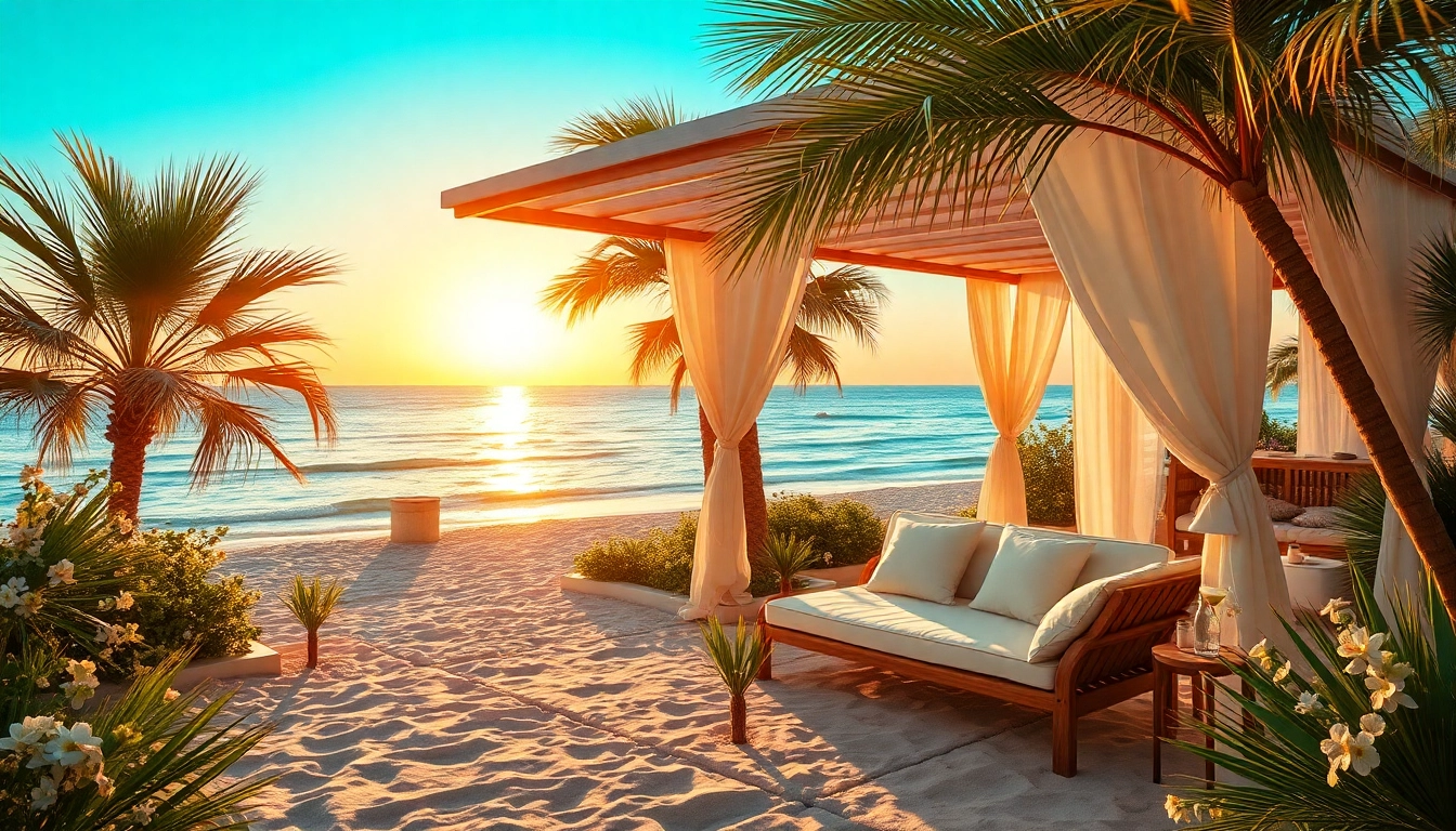 Entspanne im Küstencabana unter Palmen mit Blick auf den Sonnenuntergang.