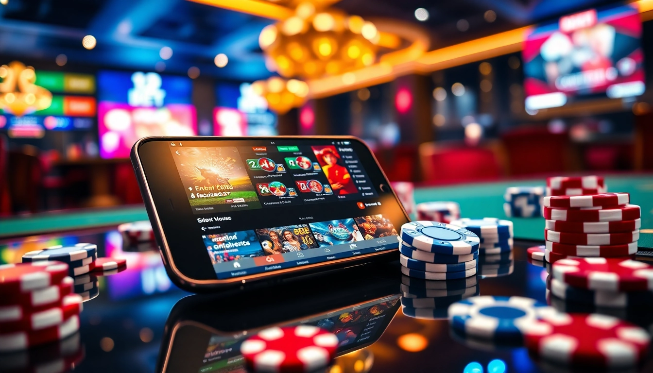 Betting adventure with the link 12bet displayed on a mobile device amidst vibrant casino elements.