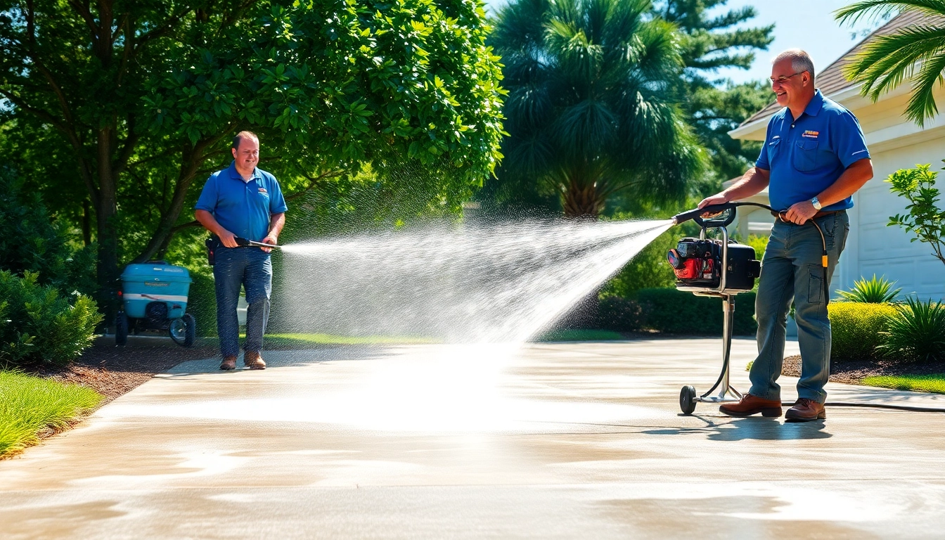 Driveway pressure wash in progress with a team using professional equipment in Kissimmee, FL, showcasing a clean driveway transformation.