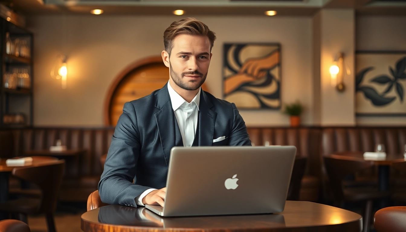 Headhunter Gastronomie in einem eleganten Restaurant, konzentriert am Laptop.