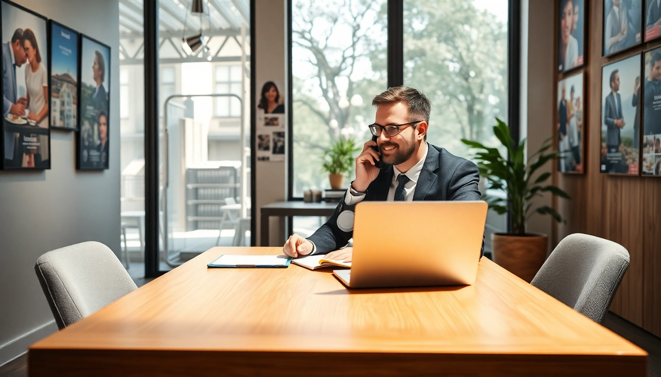 Headhunter Gastronomie beim Telefonieren im modernen Büro voller Restaurant-Referenzen.