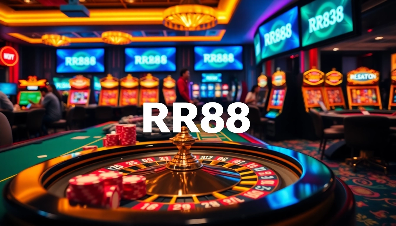 Players enjoying the thrill of gambling at RR88 casino games with poker chips and a roulette wheel.