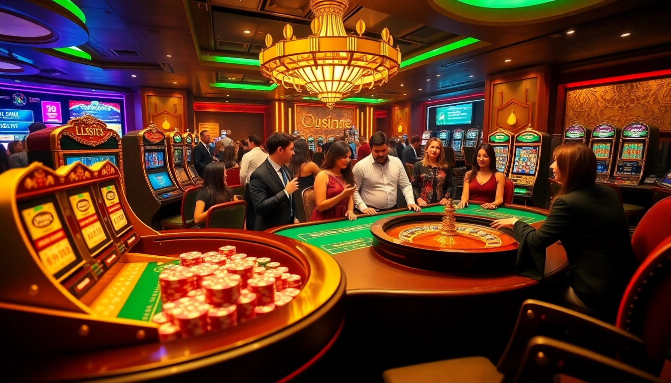 Win big with qq88 okvip at a vibrant casino, featuring lively players, poker chips, and slot machines.